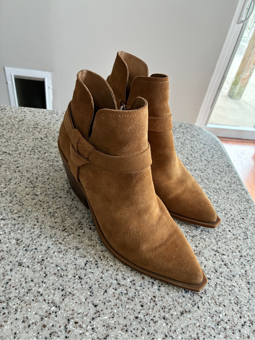 Dolce Vita Tan Suede Pointed Ankle Booties with Strap